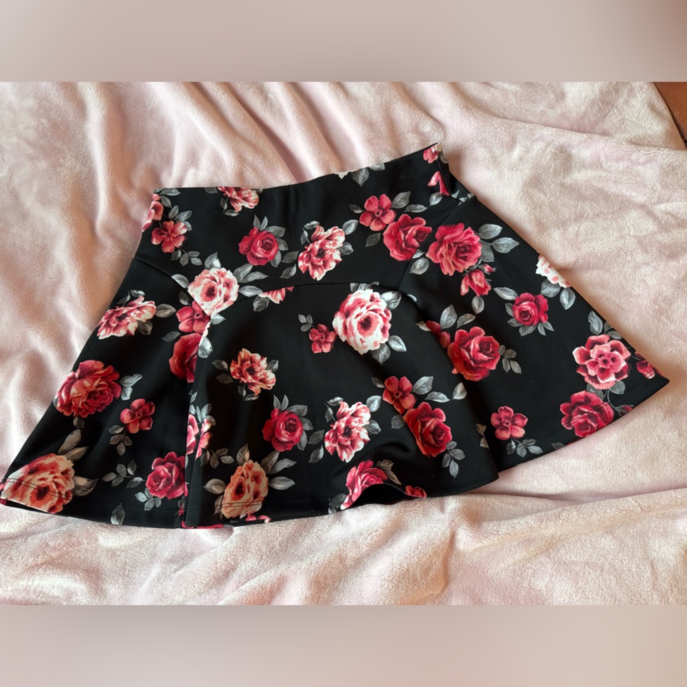 Forever 21 Black Skater Skirt with Pink Floral Design